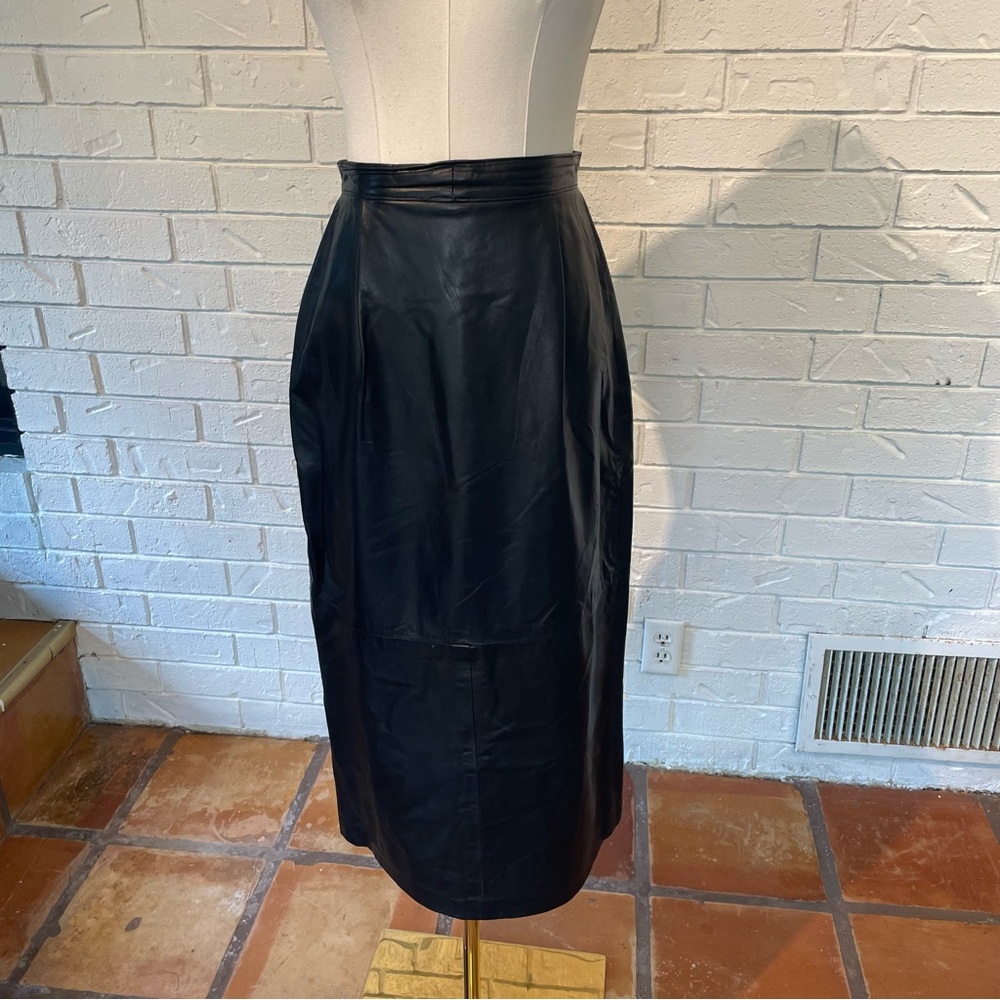 Vintage 80s 90s Siena Black 100% Leather Black Midi Skirt 26”